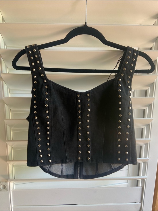 Camellia Tops - Black Studded Corset Crop Top - Women